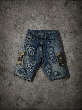 Handmade ABO Distressed Patchwork Utility Denim Shorts